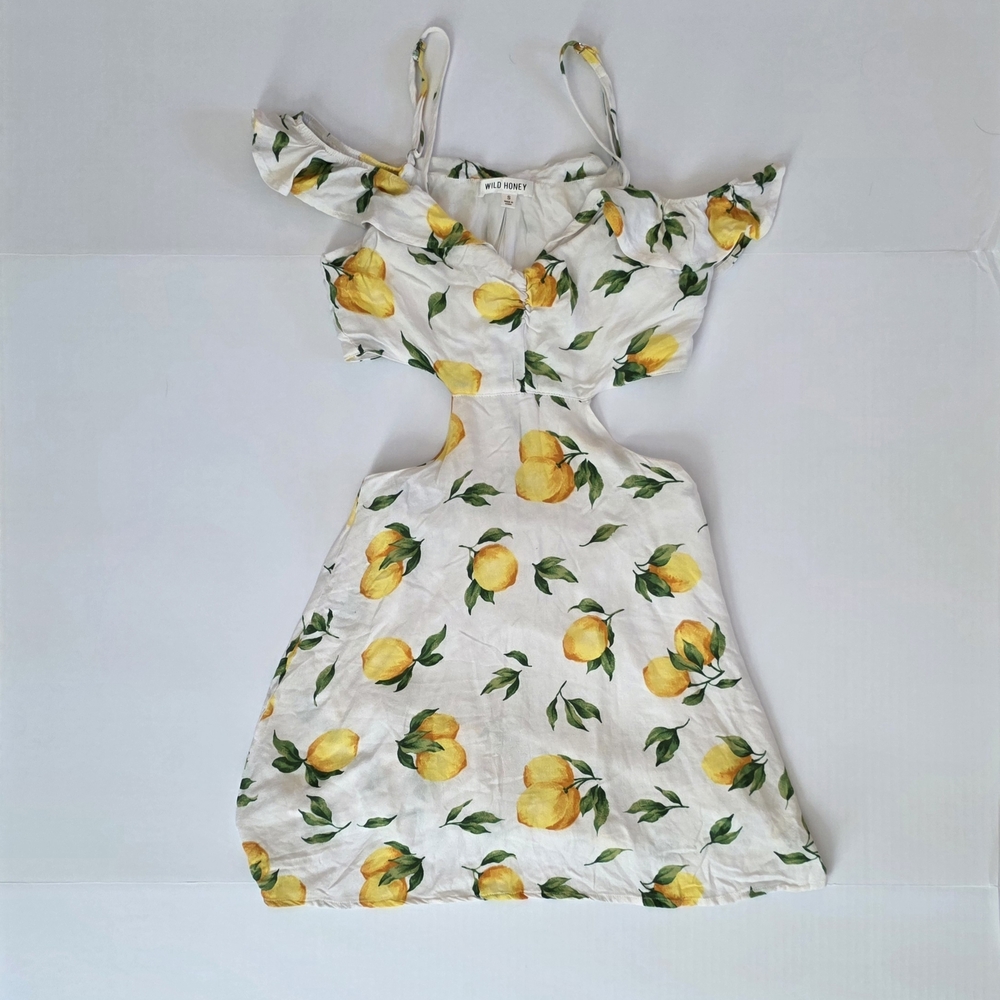 Lemon Print Mini Dress Cutout Off Shoulder Cottagecore Amalfi Coast Euro Summer - Picture 2 of 6